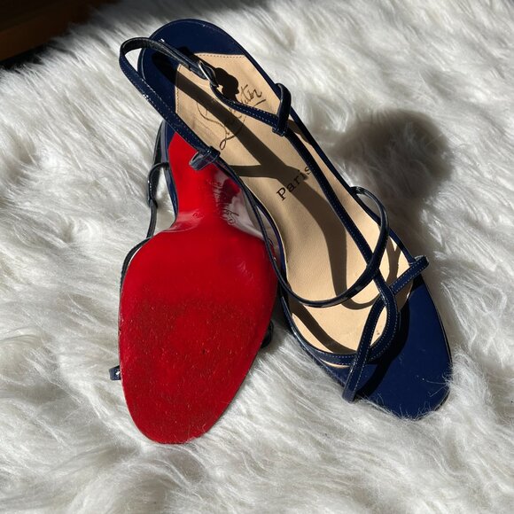 Christian Louboutin Navy Blue Patent Leather Strappy Heels Red Bottoms - Picture 3 of 10